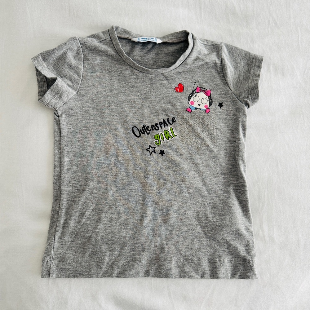 Mayoral Toddler Girl Graphic Tee Size 2 – “Outerspace Girl” Gray T-Shirt